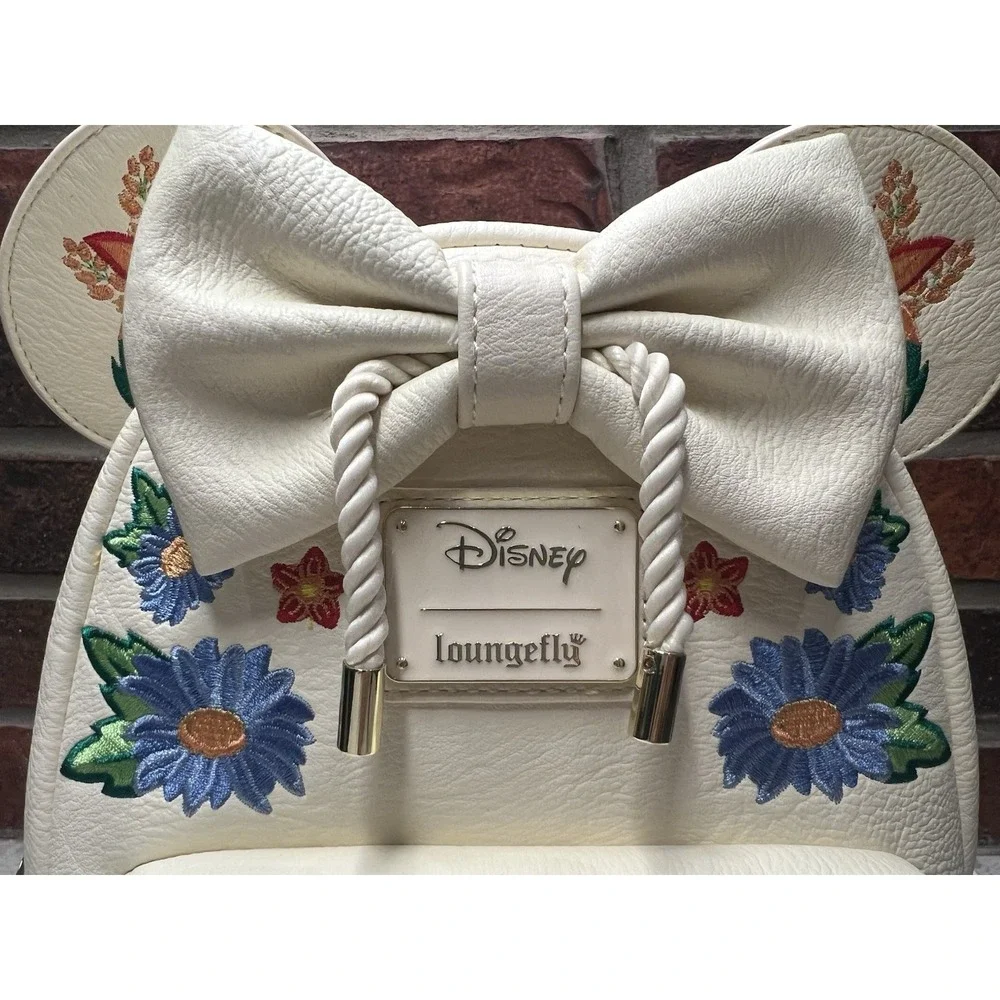 Loungefly Disney Minnie Mouse Embroidered Floral Bow Mini Backpack Beige NEW - Picture 3 of 12